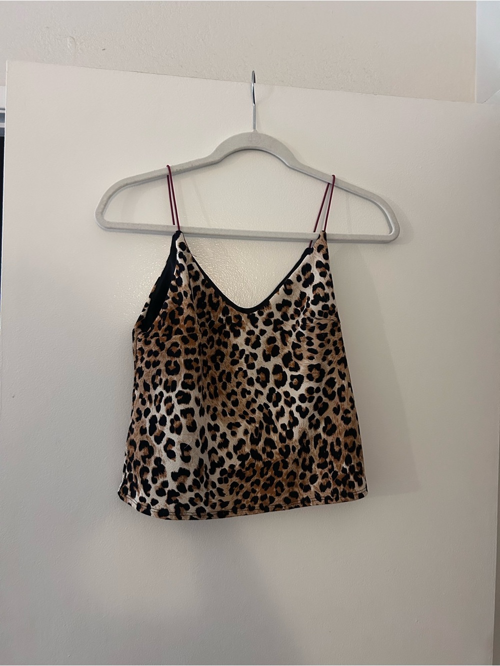 Vibe Leopard Print Satin Cami in Brown and Black with Burgundy Straps